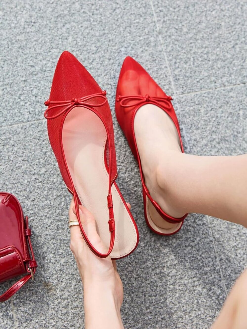 〽️Women's Red Flats Bow Closed Pointed Toe Low Heel Slingback Sandals Shoes